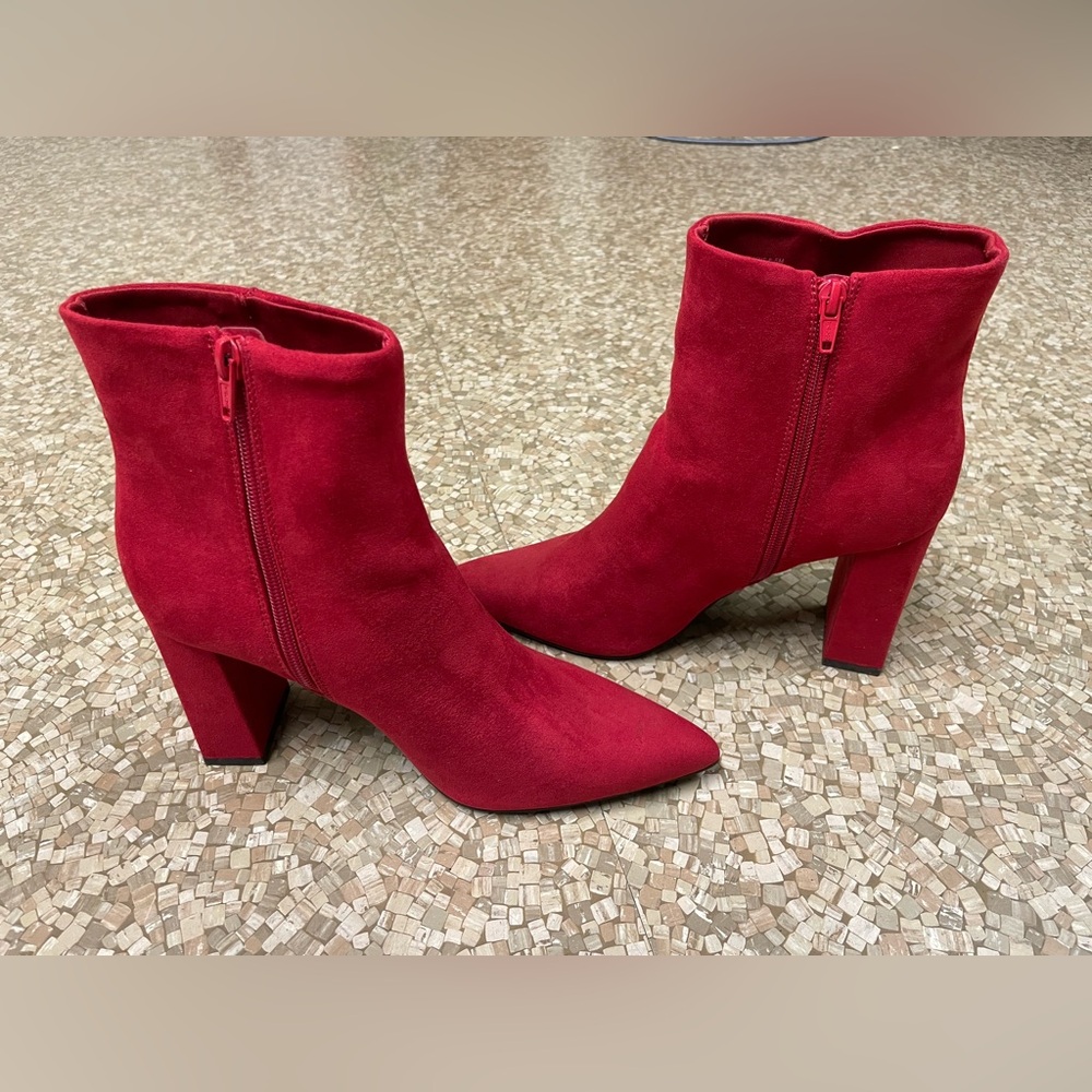 Red Microsuede Block Heel Booties